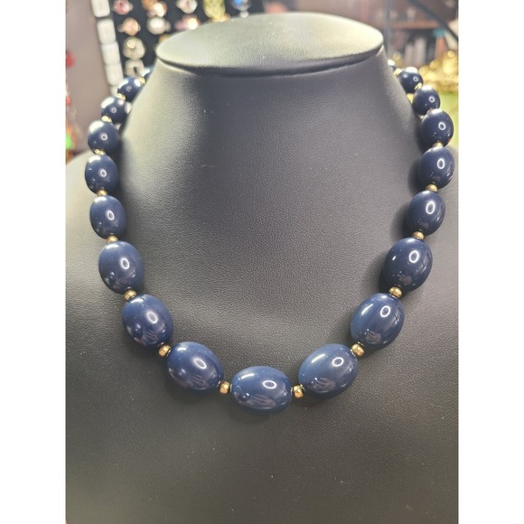 Monet Jewelry - Signed Monet Navy Blue Oval Acrylic Bead Necklace 18" Gold Tone Classic Princess